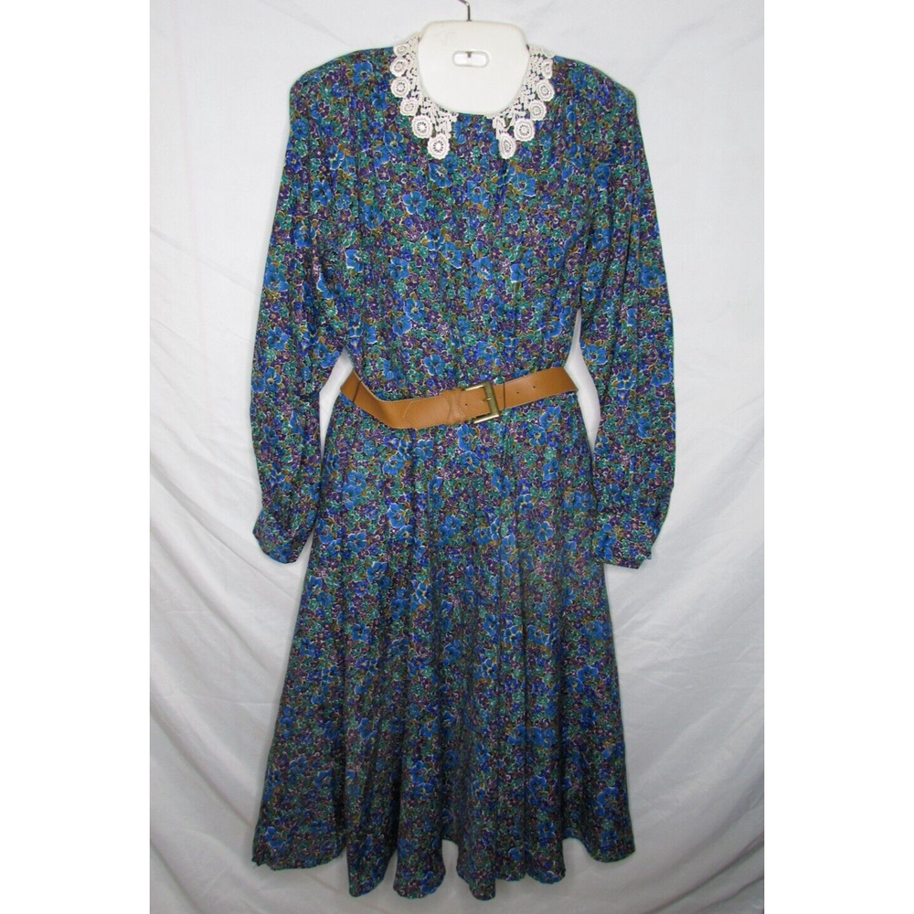 Floral Print Dress with Belt Lace Collar Sz 8 Modest John Henry Union Made 1980s